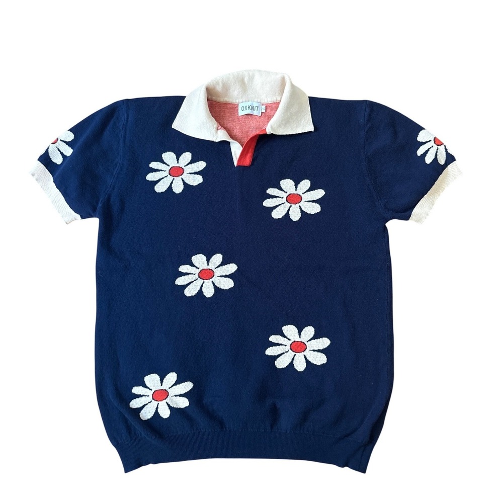 OXKNIT Polo Shirt Women Blue Floral Daisy Retro Knit Short Sleeve SIZE 2XL